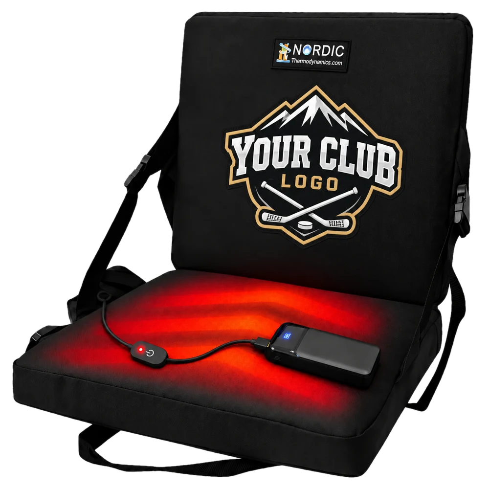 Nordic Heated Seat with a custom club logo on the backrest and heat glowing on the seat